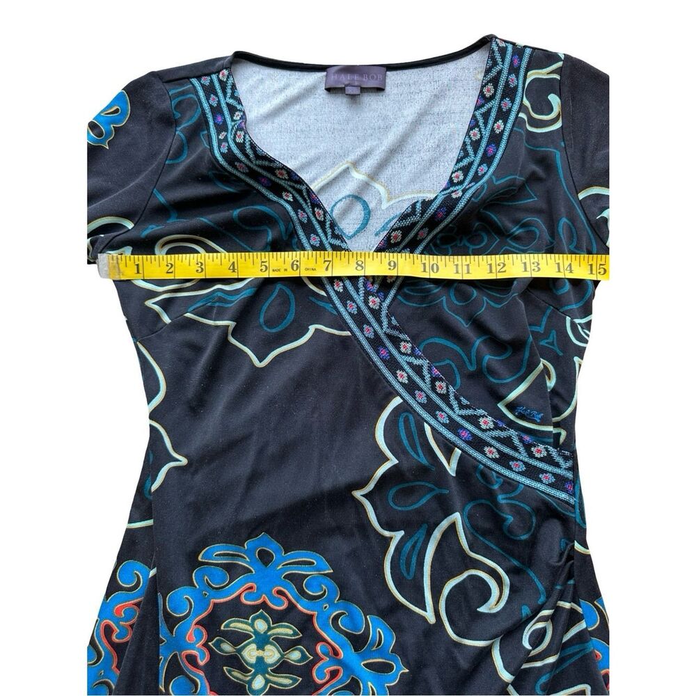 HALE BOB 100% Silk Deep V Neck Patterned Mini Dress Long Bell Sleeves Size XS - Picture 13 of 17
